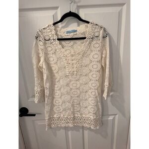 Solitaire Swim Women's Size‎ L Cover Up Ivory Beige Crocheted Mesh Boho